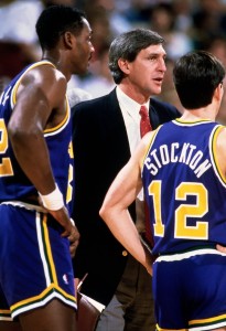 Jerry Sloan, Karl Malone y John Stockton (Andrew D. Bernstein/NBAE via Getty Images)